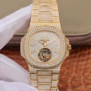 Replica Patek Philippe Nautilus Jumbo 5711 Tourbillon R8 Factory 18K Yellow Gold Diamond Dial watch