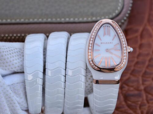 Replica Bvlgari Serpenti Spiga 102886 BV Factory White Ceramic Rose Gold Diamond watch