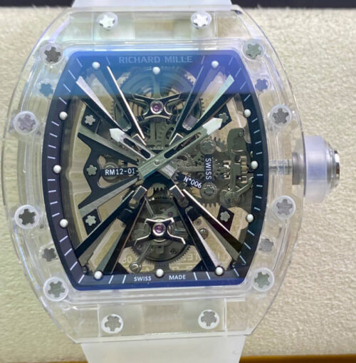 Replica Richard Mille RM12-01 RM Factory Tourbillon Transparent Version White Strap Watch