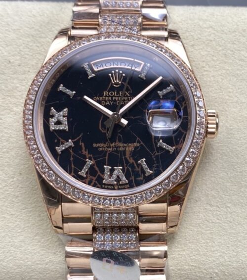 Replica Rolex Day-Date m128345rbr-0045 8+ factory Diamond Bezel - AR Replica Watches